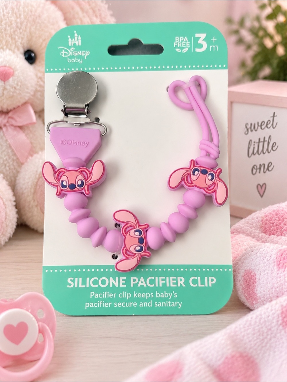 Disney Baby Angel from Stitch Silicone Pacifier Clip Pink BPA Free 3+Months NWT